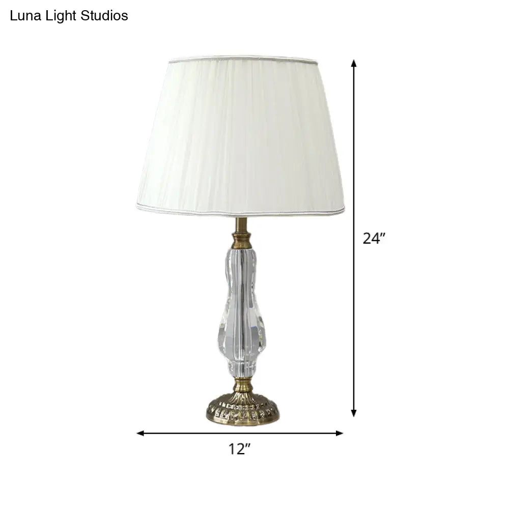 Tapered Drum Crystal Table Light With Contemporary Fabric Shade - Small White Desk Lamp