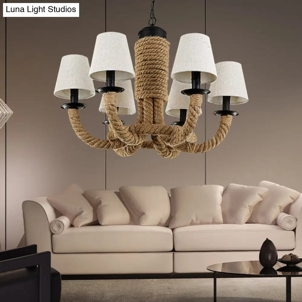 Tapered Fabric Hanging Chandelier With 6 Lights - Countryside Living Room Pendant Lamp In Beige Rope