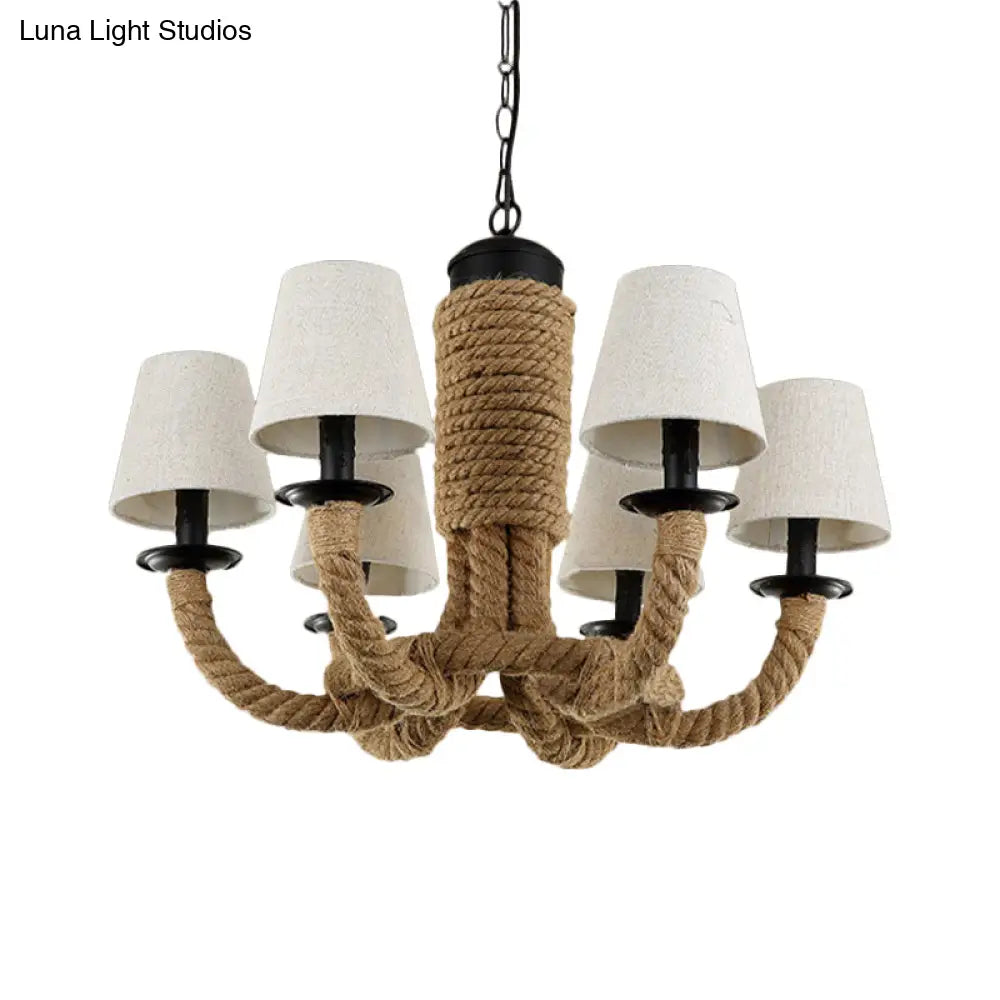 Tapered Fabric Chandelier Light - 6 Lights Countryside Design Living Room Pendant Lamp With Beige