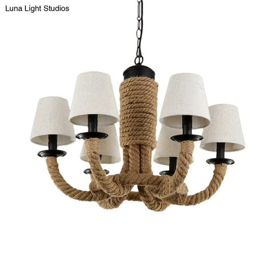 Tapered Fabric Chandelier Light - 6 Lights Countryside Design Living Room Pendant Lamp With Beige