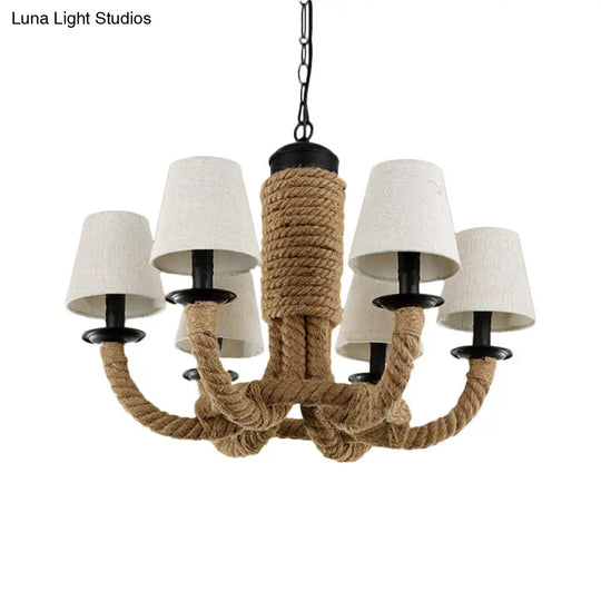 Tapered Fabric Hanging Chandelier With 6 Lights - Countryside Living Room Pendant Lamp In Beige Rope