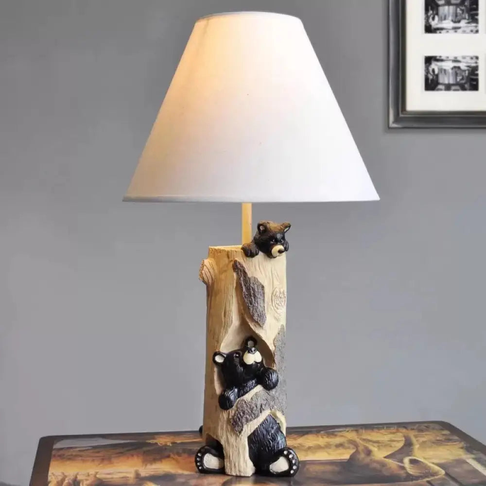 Tapered Fabric Desk Light - Country Style Table Lamp With Bear For Kids Bedroom White