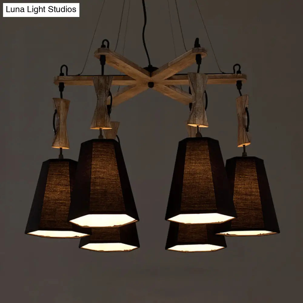 Tapered Industrial Chandelier With 6 Heads In Black White And Flaxen Wood