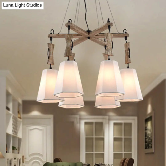 Tapered Chandelier Lighting: Industrial 6-Head Suspension Lamp In Black/White/Flaxen Wood