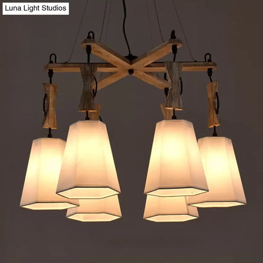Tapered Chandelier Lighting: Industrial 6-Head Suspension Lamp In Black/White/Flaxen Wood