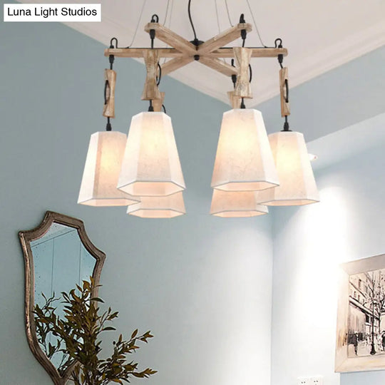 Tapered Chandelier Lighting: Industrial 6-Head Suspension Lamp In Black/White/Flaxen Wood White