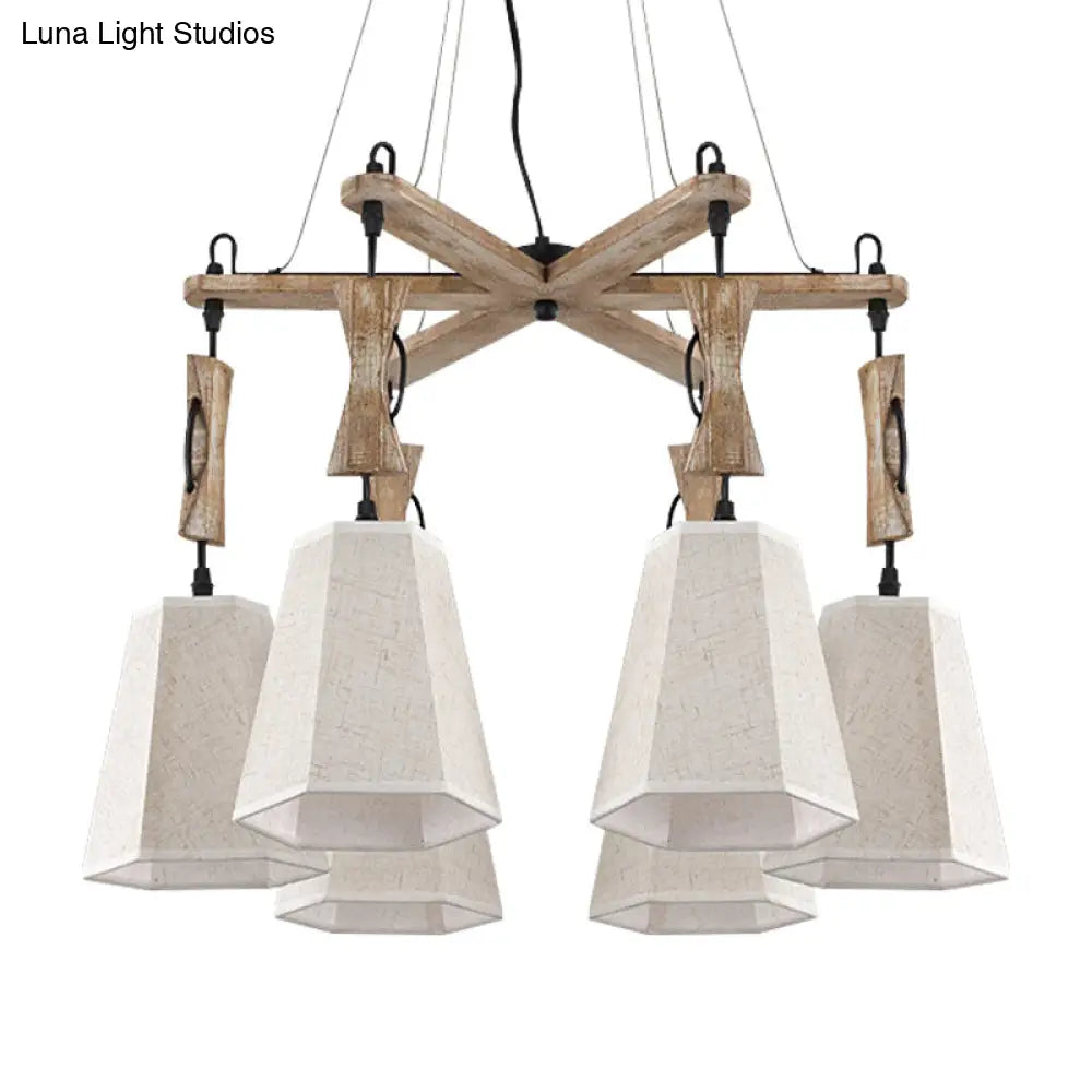 Tapered Chandelier Lighting: Industrial 6-Head Suspension Lamp In Black/White/Flaxen Wood
