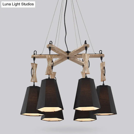Tapered Industrial Chandelier With 6 Heads In Black White And Flaxen Wood