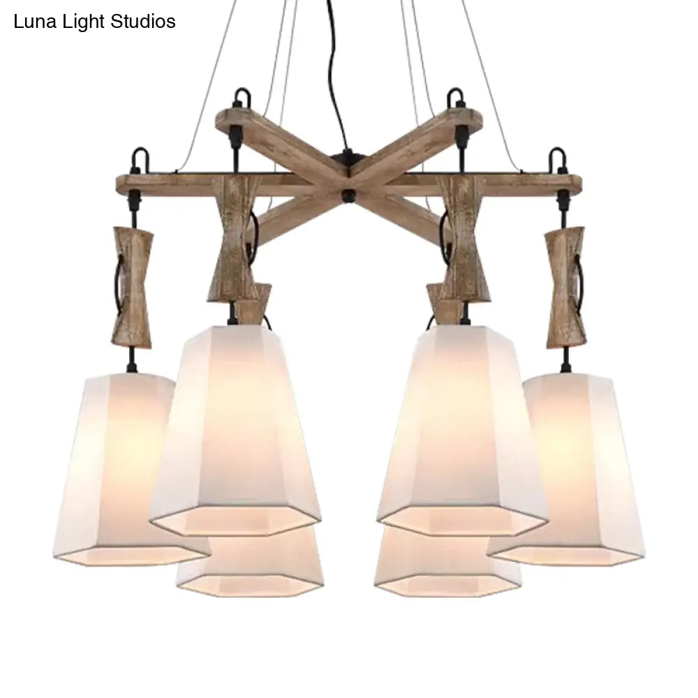 Tapered Chandelier Lighting: Industrial 6-Head Suspension Lamp In Black/White/Flaxen Wood Flaxen