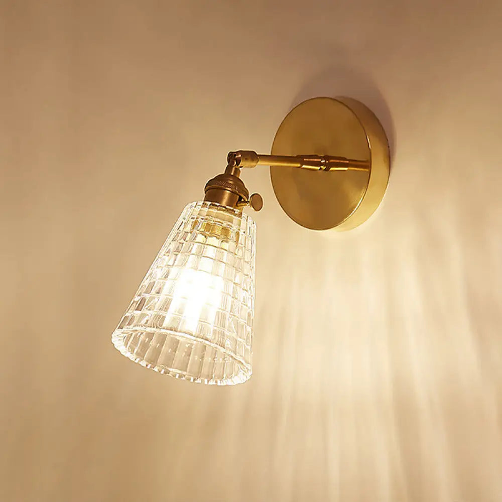 Tapered Industrial Wall Sconce - Clear Prismatic Glass Brass 1 Light Fixture For Living Room