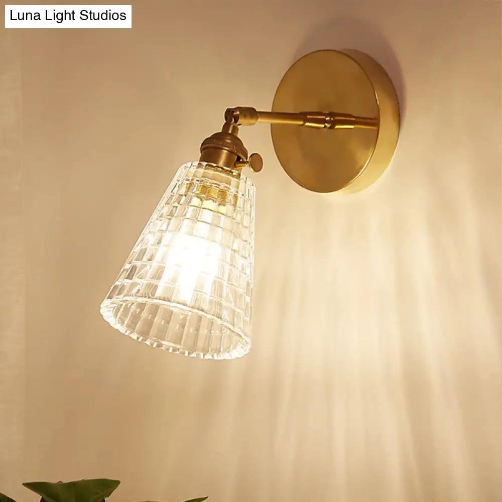 Tapered Industrial Wall Sconce - Clear Prismatic Glass Brass 1 Light Fixture For Living Room