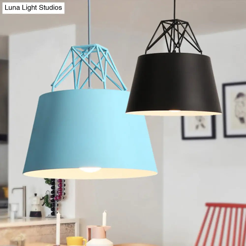 Tapered Macaron Pendant Ceiling Lamp - Metal Single-Bulb Suspension Fixture For Cafes