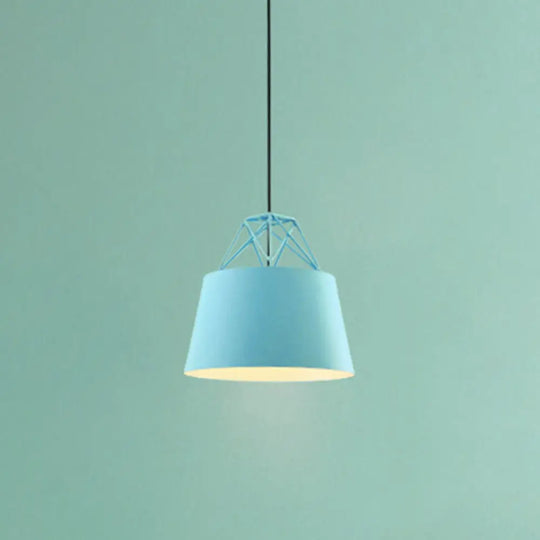 Tapered Macaron Pendant Ceiling Lamp - Metal Single-Bulb Suspension Fixture For Cafes Blue