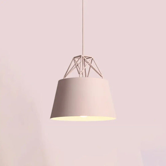 Tapered Macaron Pendant Ceiling Lamp - Metal Single-Bulb Suspension Fixture For Cafes Pink