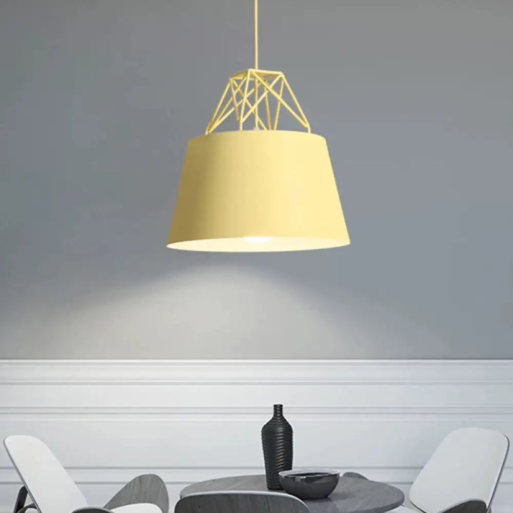 Tapered Macaron Pendant Ceiling Lamp - Metal Single-Bulb Suspension Fixture For Cafes Yellow