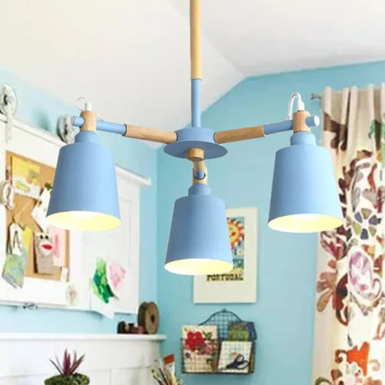 Tapered Macaroon Ceiling Lamp: Metal And Wood 3 Hanging Pendant Lights For Living Room Blue