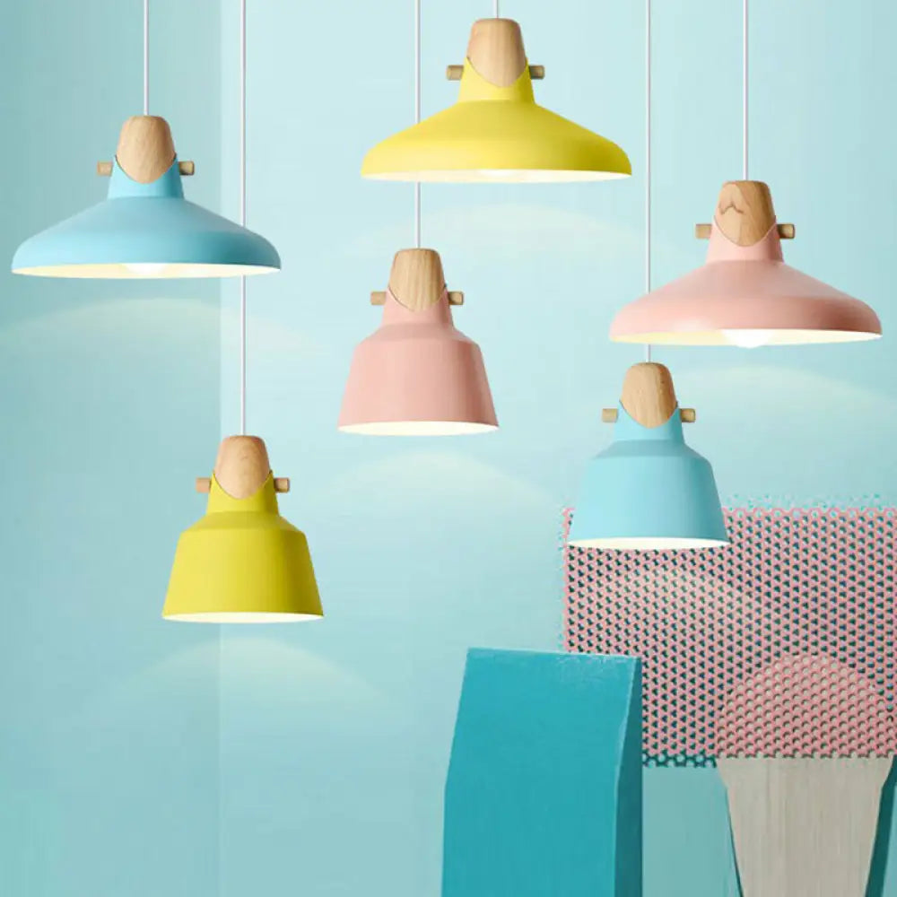 Tapered Metal Macaron Pendant Light With Wooden Decor - Restaurant Ceiling Hang Yellow / 13