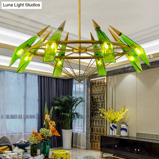 Modern Tapered Pendant Chandelier - Cream/Green Glass 8 Heads Living Room Hanging Light Kit