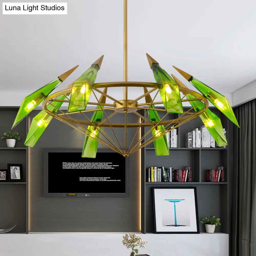 Modern Tapered Pendant Chandelier - Cream/Green Glass 8 Heads Living Room Hanging Light Kit Green