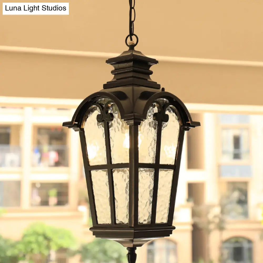 Tapered Rippled Glass Pendant Light - Classic Single Bulb Suspension Lamp For Courtyard In Black