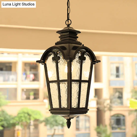 Tapered Rippled Glass Pendant Light - Classic Single Bulb Suspension Lamp For Courtyard In Black