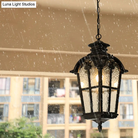 Tapered Rippled Glass Pendant Light - Classic Single Bulb Suspension Lamp For Courtyard In Black