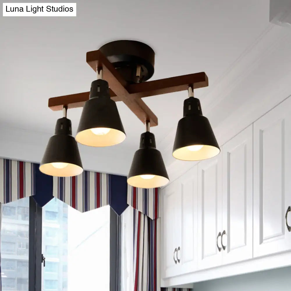 Tapered Rotatable Ceiling Fixture: 4 - Light Iron Semi Flush Mount Lighting In Black/White