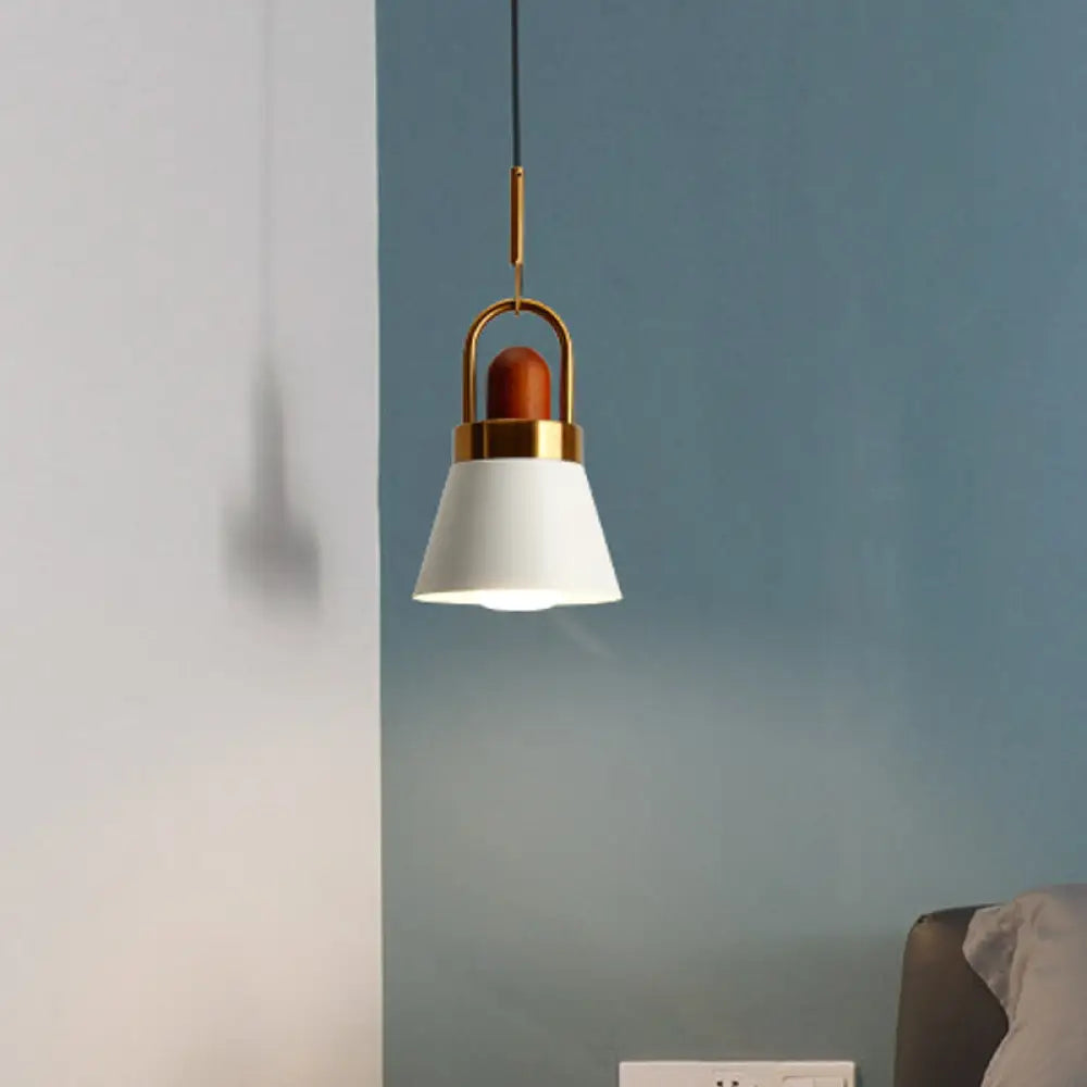 Tapered Shade Bedside Hanging Lamp - Single Macaron Pendant Light In Grey/White/Pink With Handle And