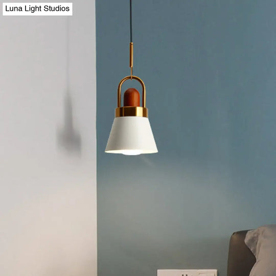 Tapered Shade Bedside Hanging Lamp - Single Macaron Pendant Light In Grey/White/Pink With Handle And