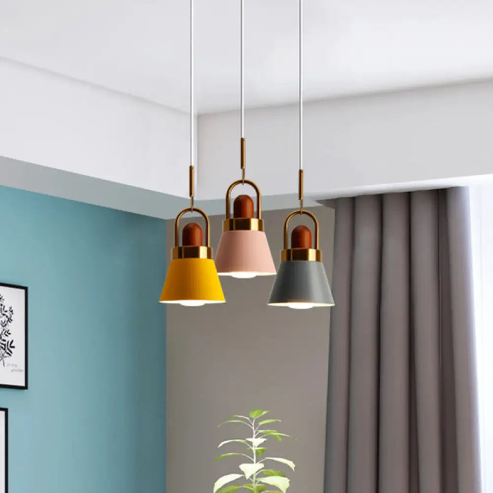 Tapered Shade Bedside Hanging Lamp - Single Macaron Pendant Light In Grey/White/Pink With Handle And