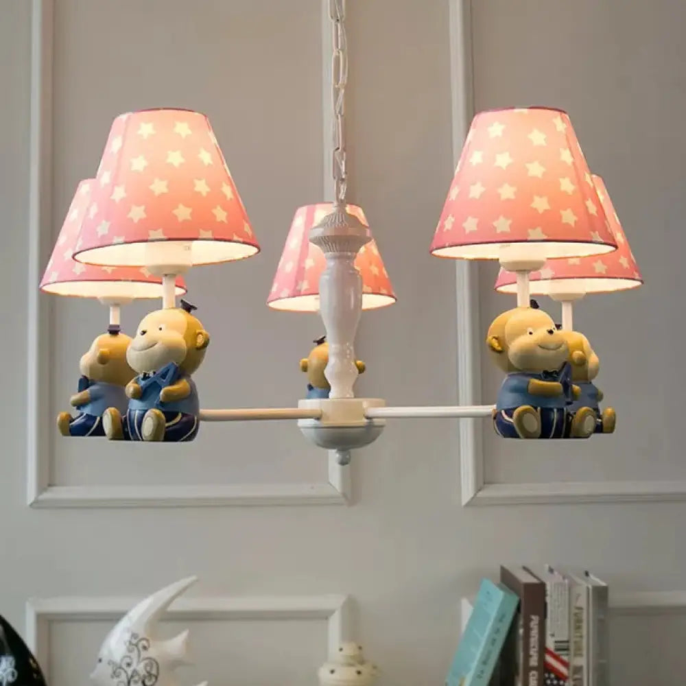 Tapered Shade Chandelier With Monkey Accent - Ideal For Kids Dining Room 5 / Pink