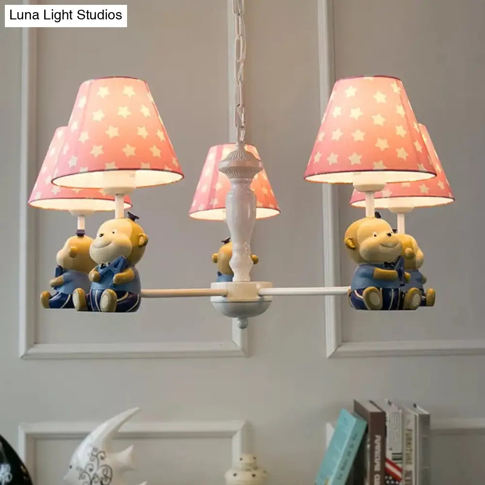 Tapered Shade Chandelier With Monkey Accent - Ideal For Kids Dining Room