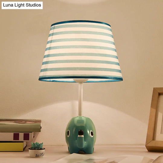 Tapered Table Lamp For Childs Room - Cartoon Lighting With Elephant Resin Base In Blue Fabric