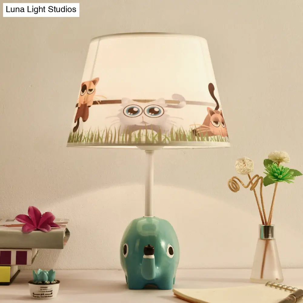 Tapered Table Lamp For Childs Room - Cartoon Lighting With Elephant Resin Base In Blue Fabric