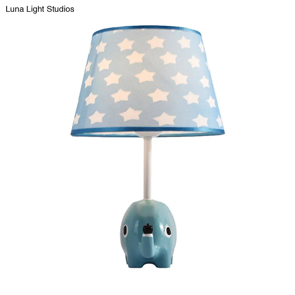 Tapered Table Lamp For Childs Room - Cartoon Lighting With Elephant Resin Base In Blue Fabric