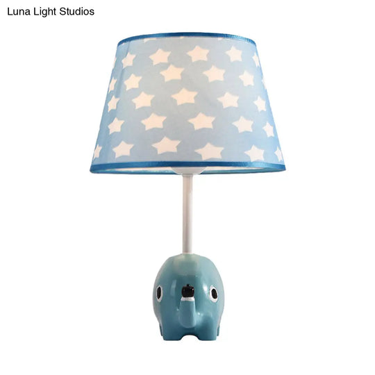 Tapered Table Lamp For Childs Room - Cartoon Lighting With Elephant Resin Base In Blue Fabric