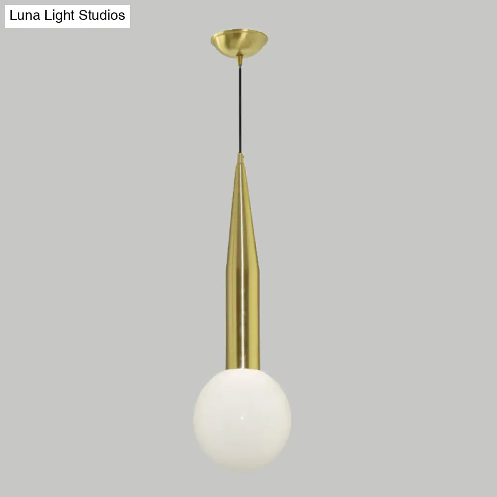 Tapering Bedside Pendant Light Kit - Single Postmodern Hanging Lamp In Gold With Milk Glass Shade