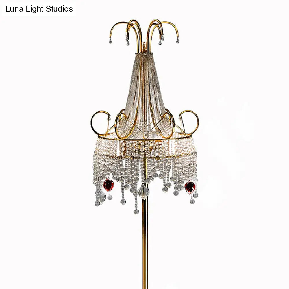 Tassel Crystal Floor Lamp: Postmodern Gold Standing Light With Scroll Decor (2 Bulbs)