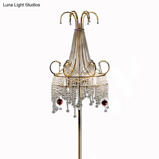 Tassel Crystal Floor Lamp: Postmodern Gold Standing Light With Scroll Decor (2 Bulbs)