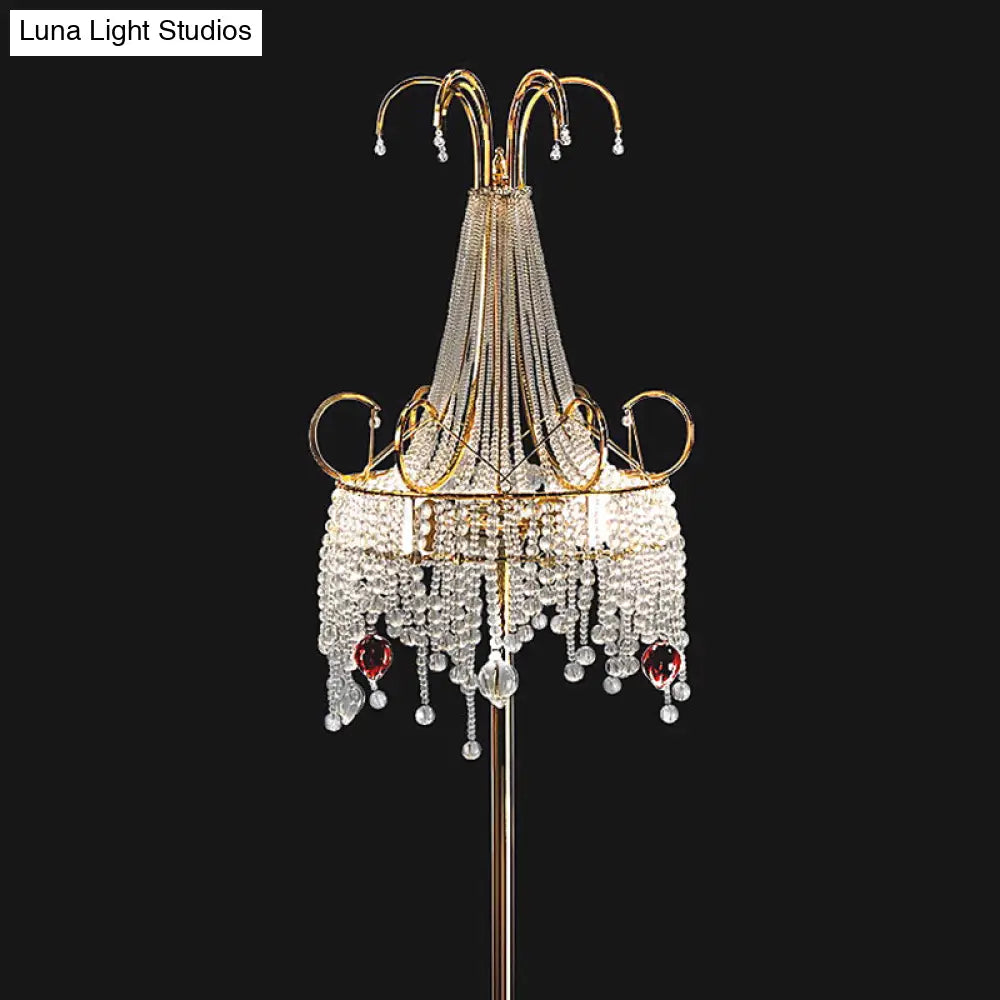 Tassel Crystal Floor Lamp: Postmodern Gold Standing Light With Scroll Decor (2 Bulbs)