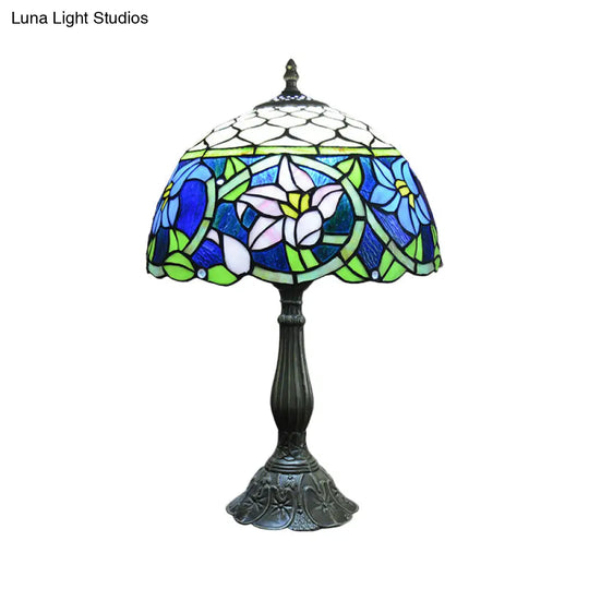 Tatiana - Blue Glass Daffodils Night Light: Mediterranean Bronze Table Lamp With