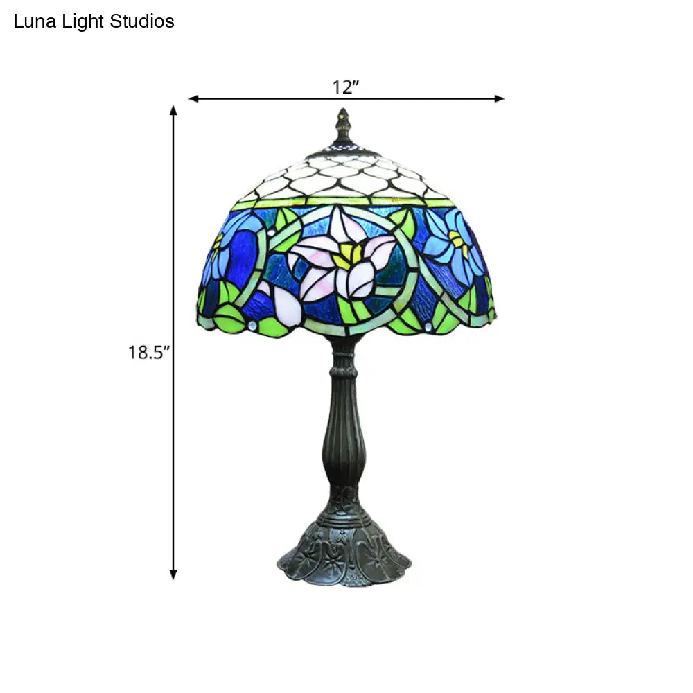 Tatiana - Blue Glass Daffodils Night Light: Mediterranean Bronze Table Lamp With