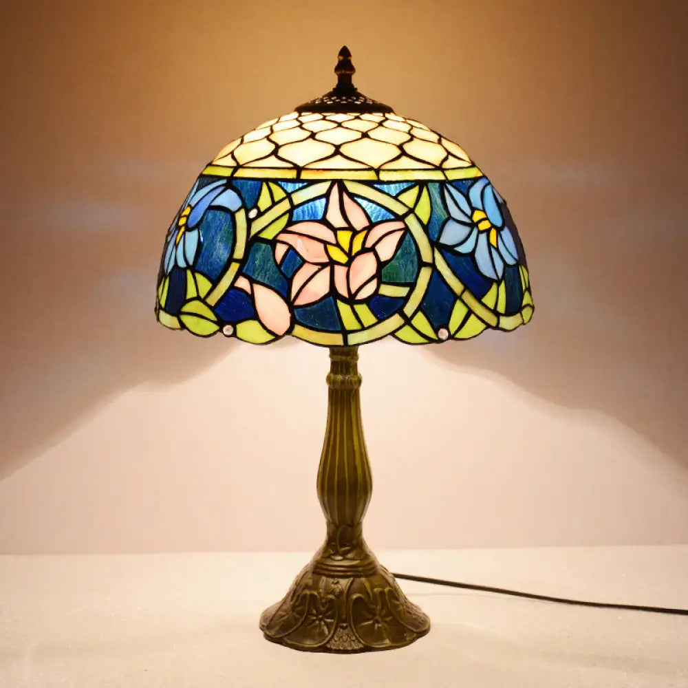 Tatiana - Blue Glass Daffodils Night Light: Mediterranean Bronze Table Lamp With