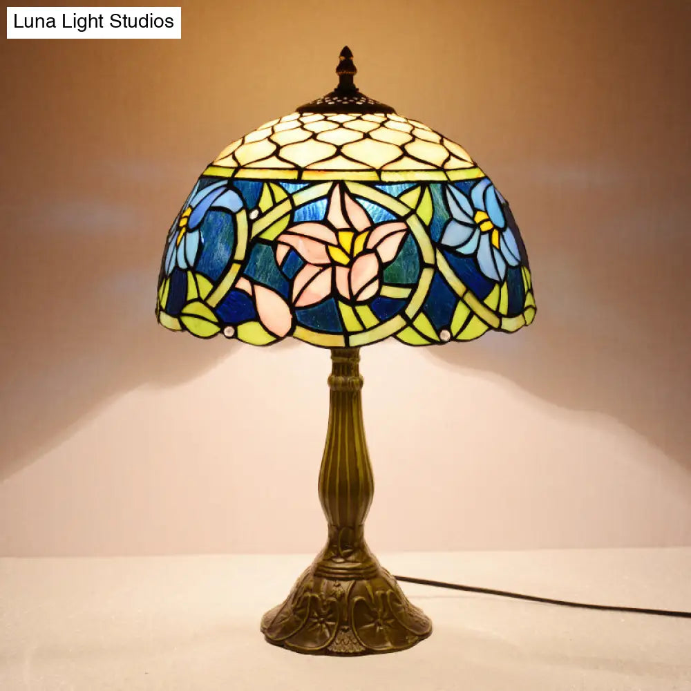 Daffodils Blue Glass Night Light: Mediterranean Bronze Table Lighting With Fishscale Element