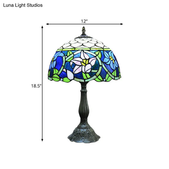 Daffodils Blue Glass Night Light: Mediterranean Bronze Table Lighting With Fishscale Element