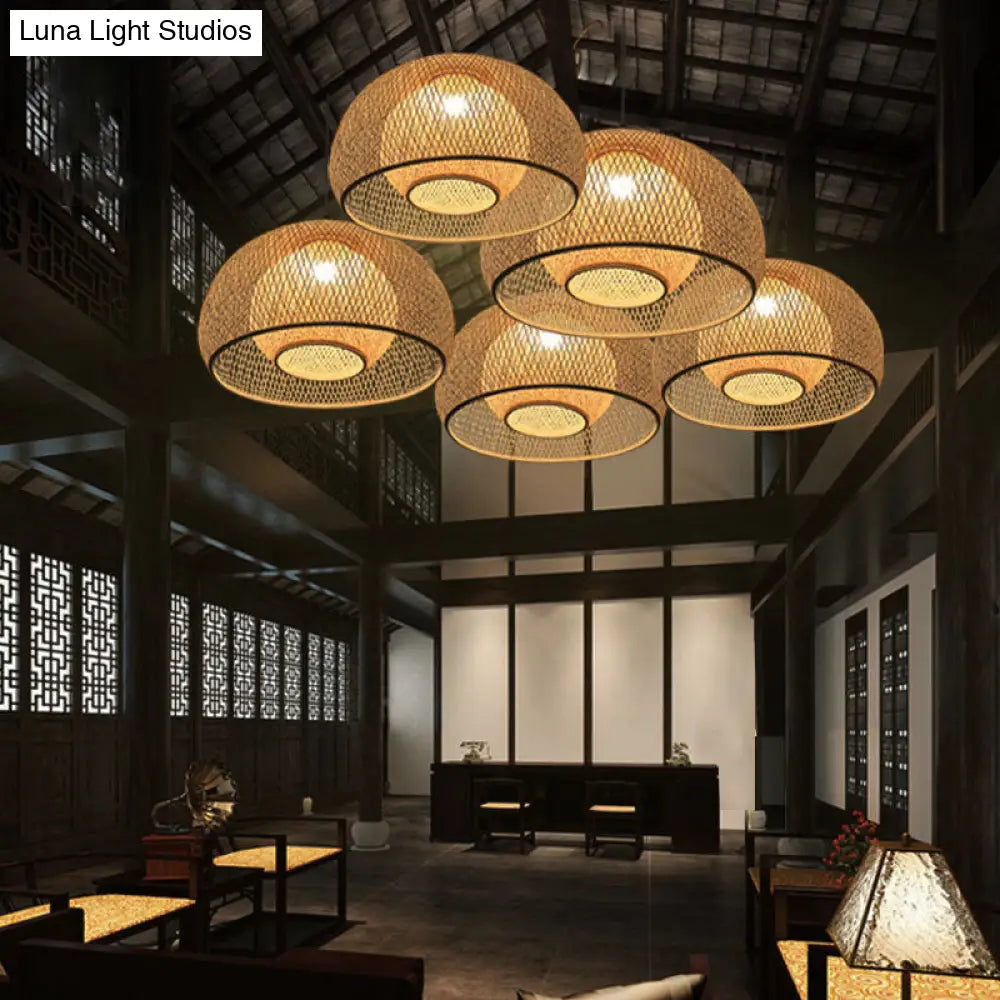 Tea Room Bamboo Pendant Light: Asian Style Dome Ceiling Lamp In Wood