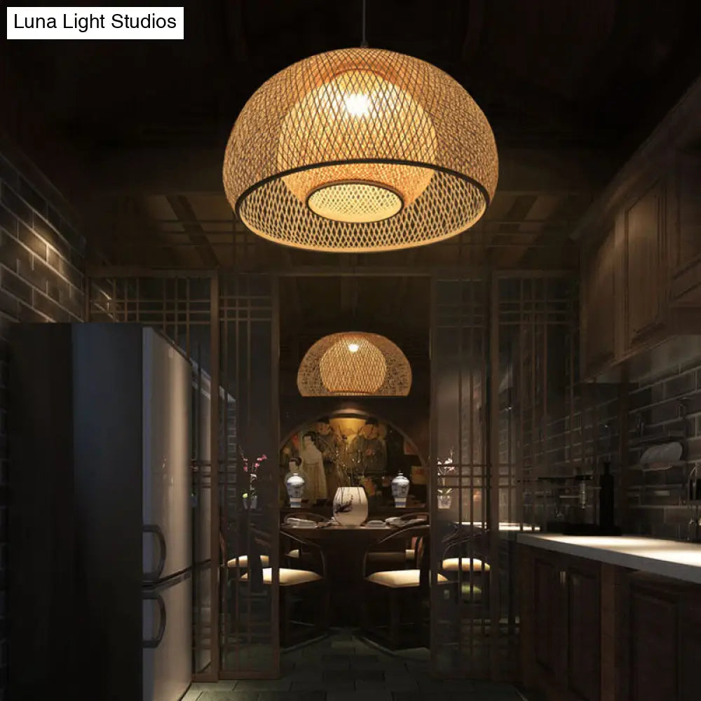 Tea Room Bamboo Pendant Light: Asian Style Dome Ceiling Lamp In Wood