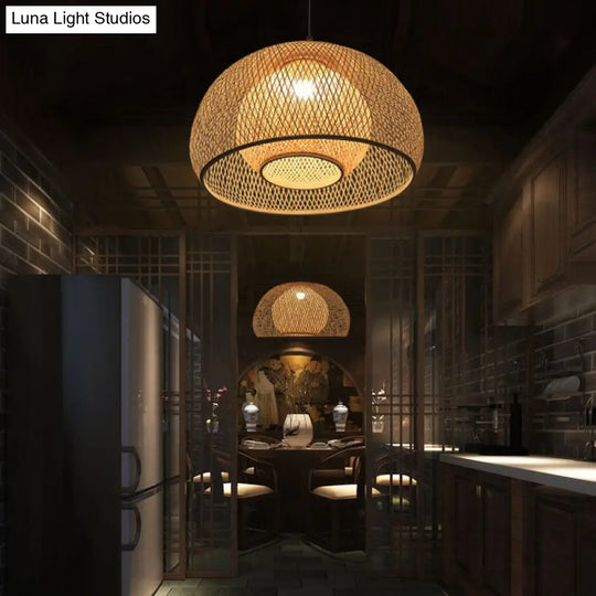 Tea Room Bamboo Pendant Light: Asian Style Dome Ceiling Lamp In Wood