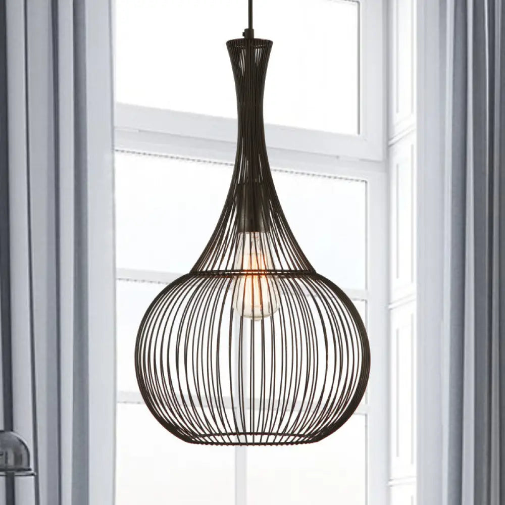 Teardrop Cage Pendant Light: Industrial Black Iron Ceiling Lighting For Living Room