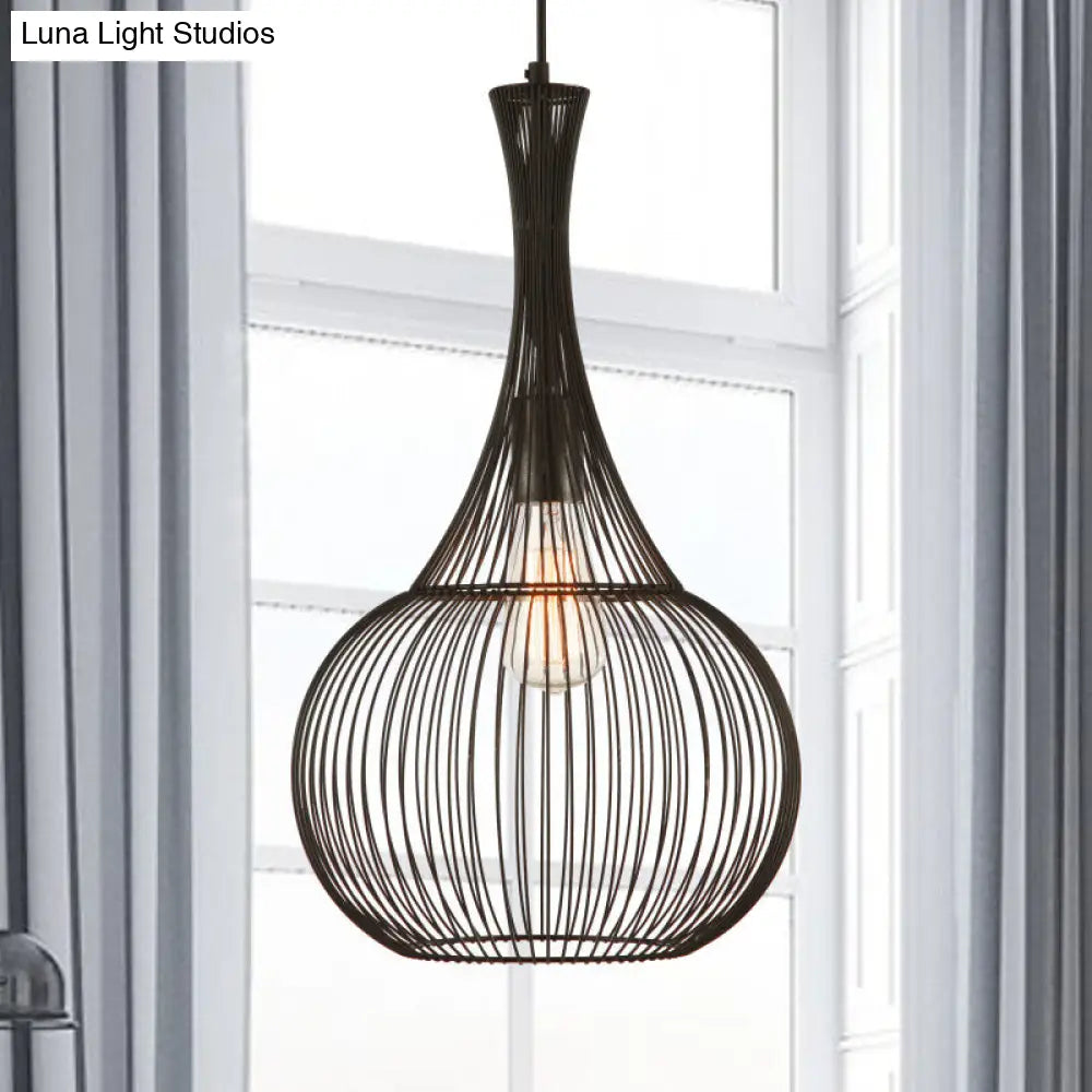 1-Light Teardrop Cage Pendant: Industrial Black Iron Ceiling Light For Living Room